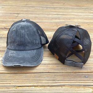 C.C Black Distressed Criss Cross Pony Cap